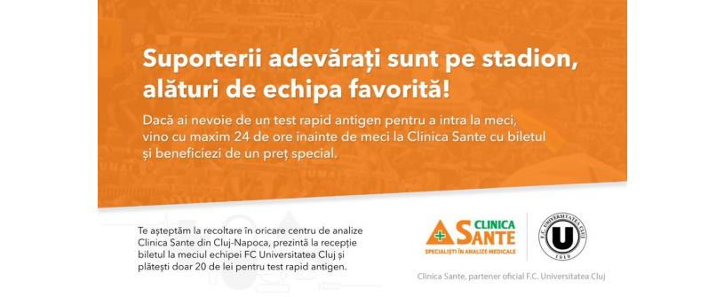 Clinica Sante oferă prețuri speciale  la testele rapide pentru suporterii Universității Cluj