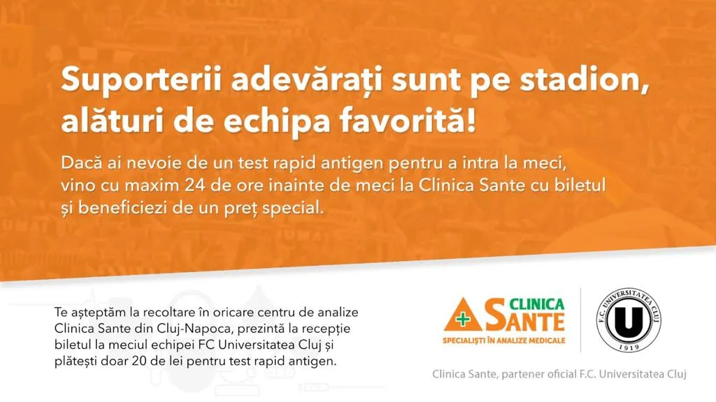 Clinica Sante oferă prețuri speciale la testele rapide pentru suporterii Universității Cluj