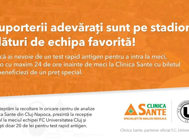 Clinica Sante oferă prețuri speciale  la testele rapide pentru suporterii Universității Cluj